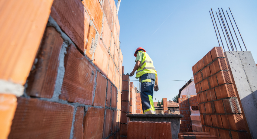 Trabalhador da construção civil levantando parede de tijolos em estrutura de obra.